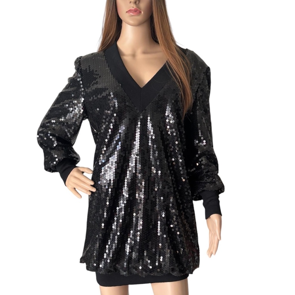 DOMINIC ROMPOLLO, Vintage Dress Black Sequin V-Neck Party